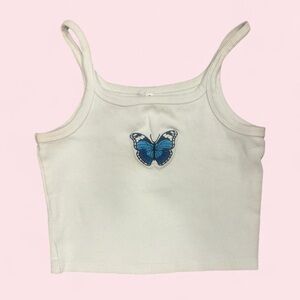 Cream Ribbed Crop Tank with Blue Butterfly Patch